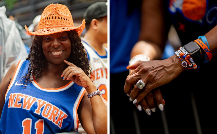 Tamika Charles poses for a portrait; a fan's hands are adorned with Knicks regalia at the The New York Knicks parade at City Hall.