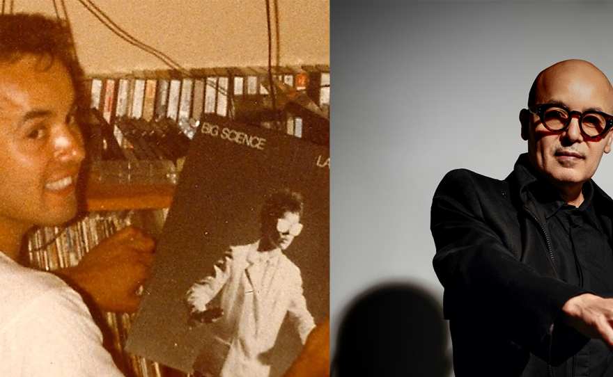 From left to right: In this photo taken in 1983, young Ramón Amezcua, better known as Bostich from Nortec Collective, is pictured at his house, showing tape recordings from radio stations from San Diego and Tijuana and one of his favorite records, “Big Science” by Laurie Anderson. And in this photo taken in 2021,  Amezcua is shown in a photo promoting his new album “MX1202”. 
