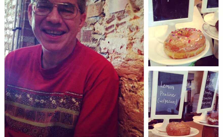 Libertarian candidate for Senate Sean Haugh ordered a lemon praline and an orange velvet doughnut at Monuts in Raleigh, NC, where he was interviewed by NPR.