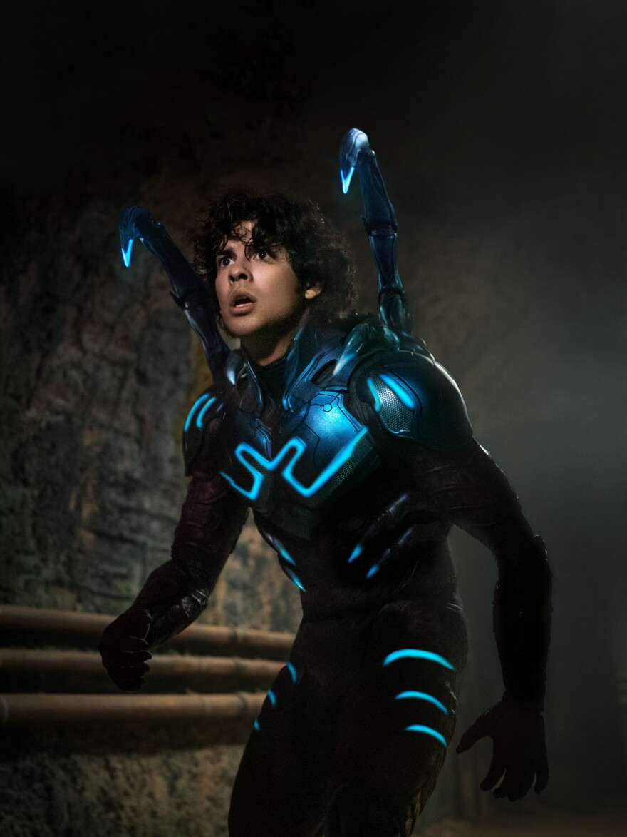 Xolo Maridueña stars as Jaime Reyes and his alter ego superhero "Blue Beetle." A Warner Bros. Pictures release.