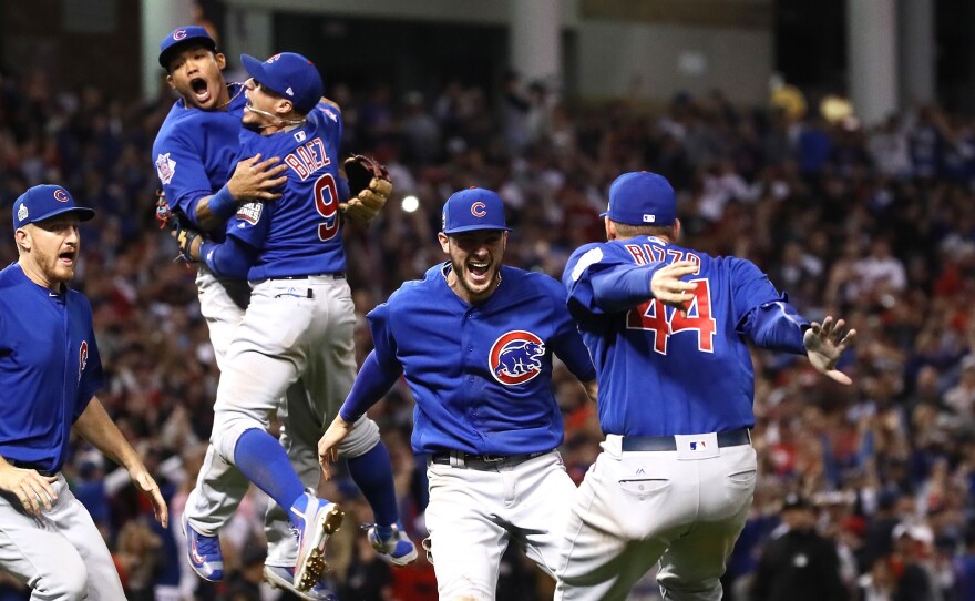 The Chicago Cubs celebrate after winning 8-7 in Game Seven of the 2016 World Series. It had been 108 years since the team won their last series.