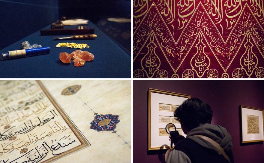 (Top row left) Artists used burnishers, gum arabic, lapis lazuli and gold leaf for calligraphy and designs. (Right) Artists also covered silk panels with religious invocations, names of God and testaments of faith. (Bottom row left) A 150-pound Quran from 16th century Iran is full of rich details. (Right) Gallery visitor Macks Stacie Corpuz Lazo looks through Quran pages with a magnifying glass.