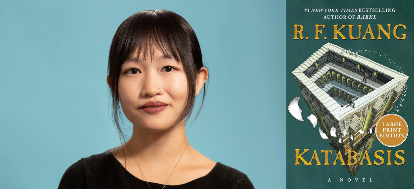 Author R.F. Kuang is shown next to the cover of "Katabasis."