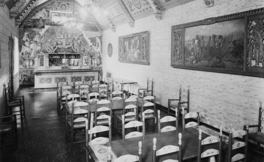 In the 1930s, the Aztec Brewing Co. rathskeller was a popular tasting room. The lavish decor included murals and a painted ceiling. Courtesy of San Diego History Center.