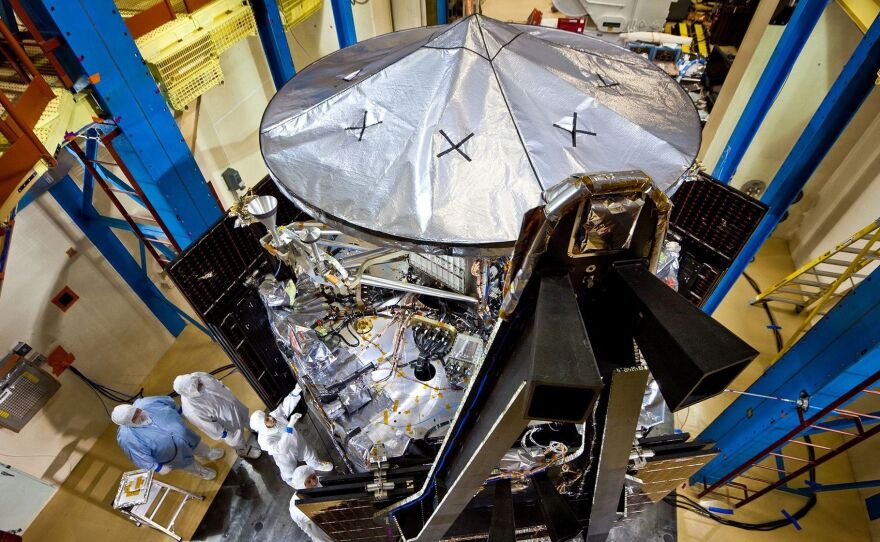 Two star trackers look a little like loudspeakers on the side of Juno. They are actually cameras used to find the position of the spacecraft's magnetometer.