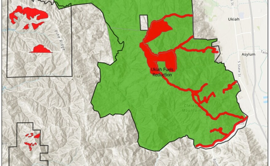 The “original project area” of CalFire’s Ukiah Fuels Reduction project in Mendocino County covers a sprawling 26,541 acres (in green). But the agency’s data shows the agency did work on just 734 of them (in red).