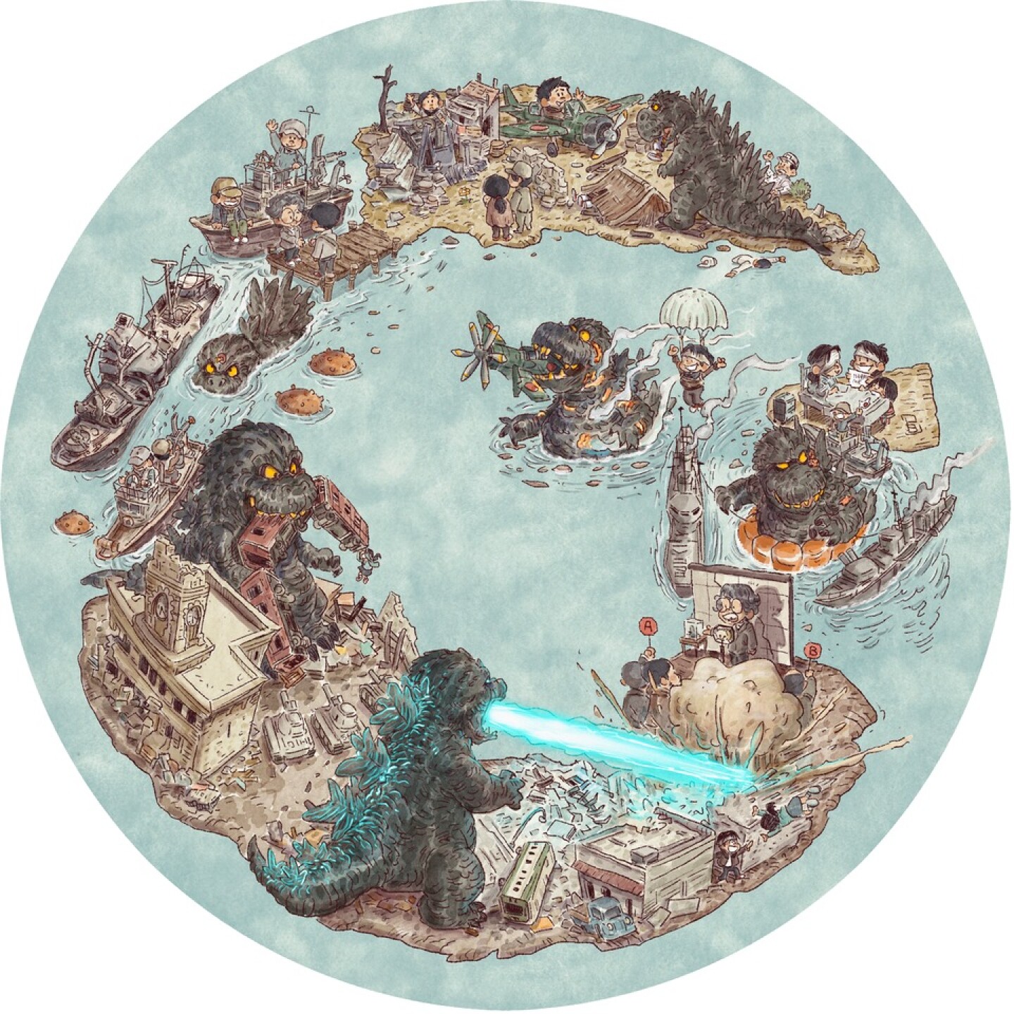 Patrick Ballesteros' art for an OG- record player slipmat featuring Godzilla. Undated photo.