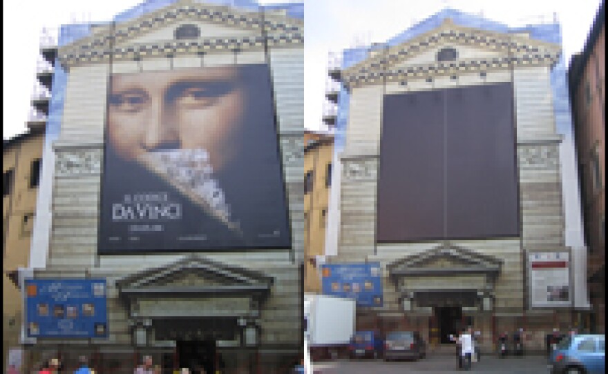 Before and after views of the 5-story ad for 'The Da Vinci Code,' removed from the facade of Rome's San Pantaleo church in April.