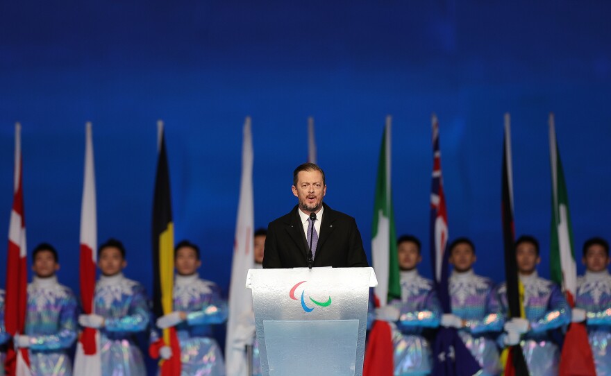 IPC President Andrew Parsons speaks during the opening ceremony of the Beijing 2022 Winter Paralympics at the Beijing National Stadium on Friday.