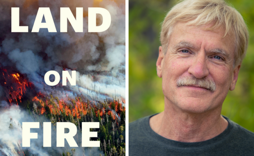 Book cover of "Land on Fire" next to an undated photo of author Gary Ferguson.