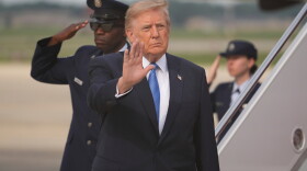 President Trump waves after arriving off Air Force One, Friday, Aug. 28, 2026, at Joint Base Andrews, Md.