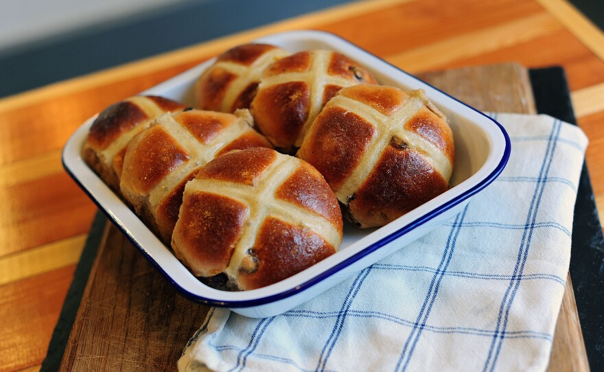 Traditional hot cross buns from Baker Tom's in the U.K. Easter is the bakery's second-busiest holiday after Christmas, and special orders for the buns start coming in weeks in advance.