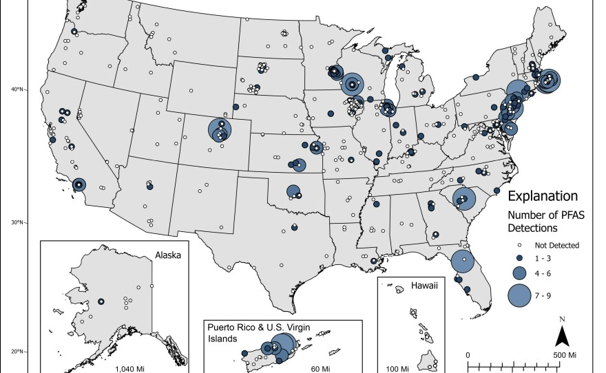 This USGS map shows the number of PFAS detected in tap water samples from select sites across the nation.