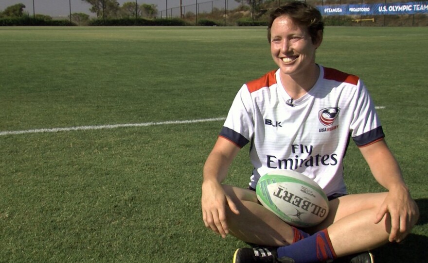 Rugby player Jillion Potter sits on a practice field at the Olympic Training Center in Chula Vista, July 8, 2016.