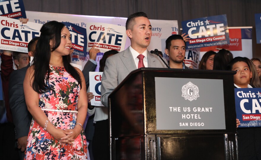 Republican incumbent City Councilman Chris Cate speaks at a podium on election night at The US Grant Hotel, Nov. 6, 2018