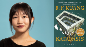 Author R.F. Kuang is shown next to the cover of "Katabasis."