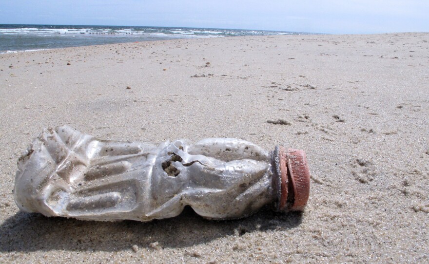 A discarded plastic bottle lies on the beach at Sandy Hook, N.J. Packaging is the largest source of the plastic waste that now blankets our planet.