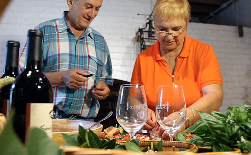 Lidia Bastianich cooks with Gabriele Rausse, Monticello Gardens and Grounds assistant director, in Thomas Jefferson’s kitchen in Charlottesville, Virginia.