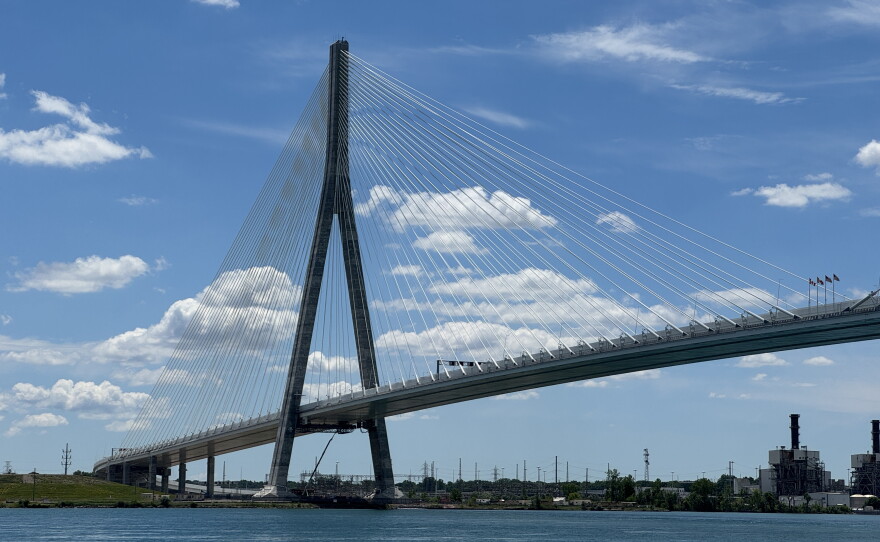 A view of the Canadian side of the Detroit River, and the Gordie Howe Bridge, as viewed from the United States.