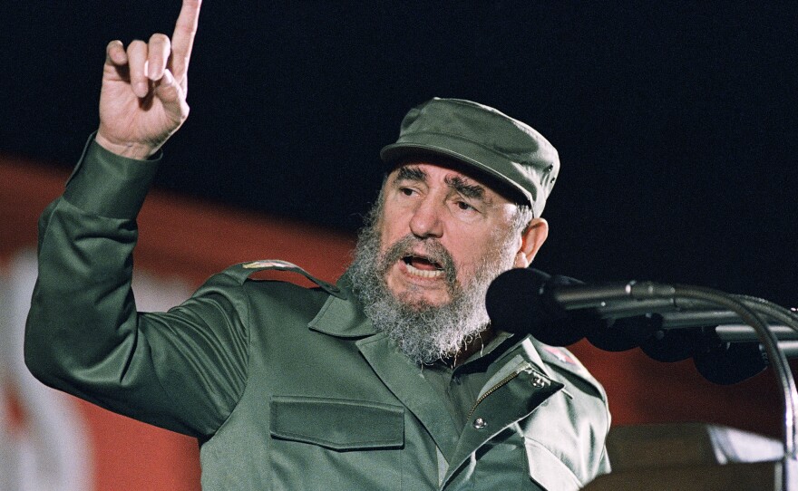 Cuban leader Fidel Castro speaks at the 30th anniversary of the communist revolution on Jan. 1, 1989, in Havana, Cuba. Castro, 90, died Friday.