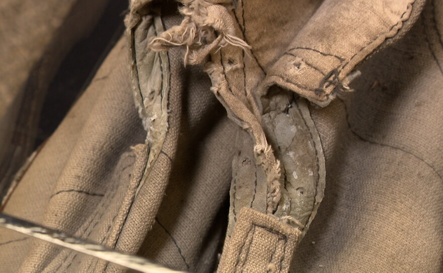 A pair of shoes handed out to Jewish prisoners by their Nazi captors are shown at the RUTH exhibit at the Central Library on Sept. 8, 2026.