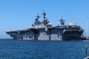 Photo of the aft and port side sections of the U.S. Navy amphibious assault ship USS Boxer taken from the pier at Naval Base San Diego on Aug. 2, 2023.