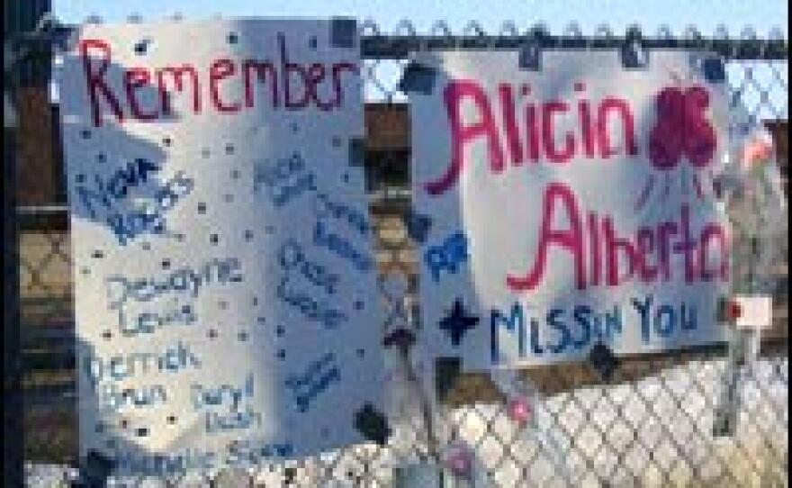 A makeshift memorial to the dead at Red Lake High School in Red Lake, Minn.