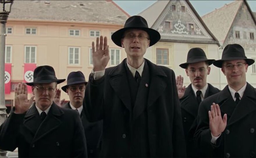 Stephen Merchant (center) plays a Nazi in Takia Waititi's new anti-hate satire "Jojo Rabbit."