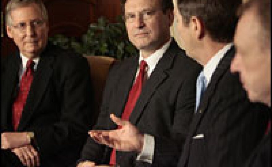 From left, Senate Majority Whip Mitch McConnell (R-KY), Supreme Court nominee Judge Samuel Alito, Senate Majority Leader Bill Frist (R-TN) and Judiciary Committee Chairman Sen. Arlen Spector (R-PA) talk to reporters, Jan. 25, 2006.