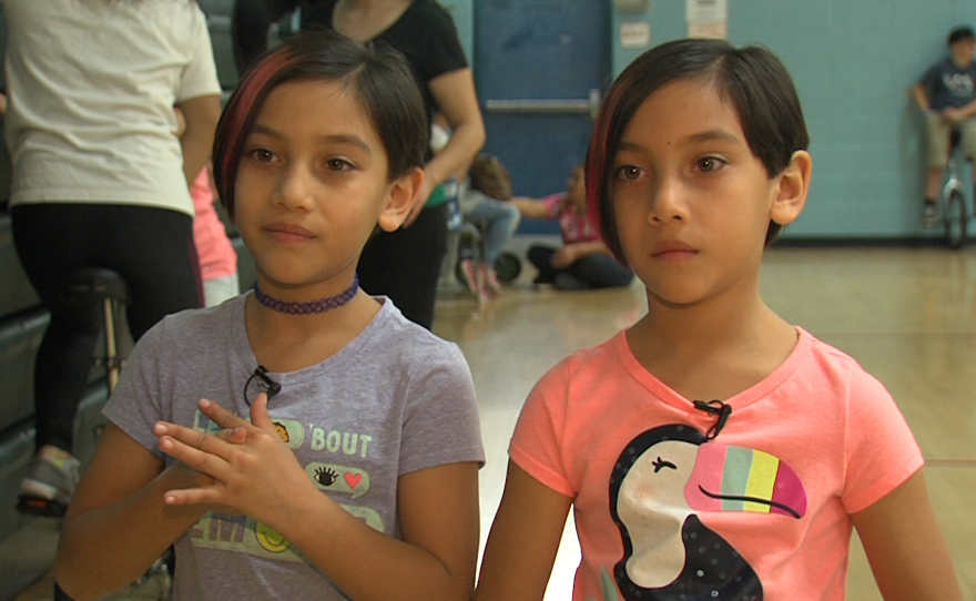 Twin seven-year-olds Brianna and Abigail Castellanos at the Fern Street Circus after-school program at the Mid-City Gym in City Heights, Jan. 30, 2018.