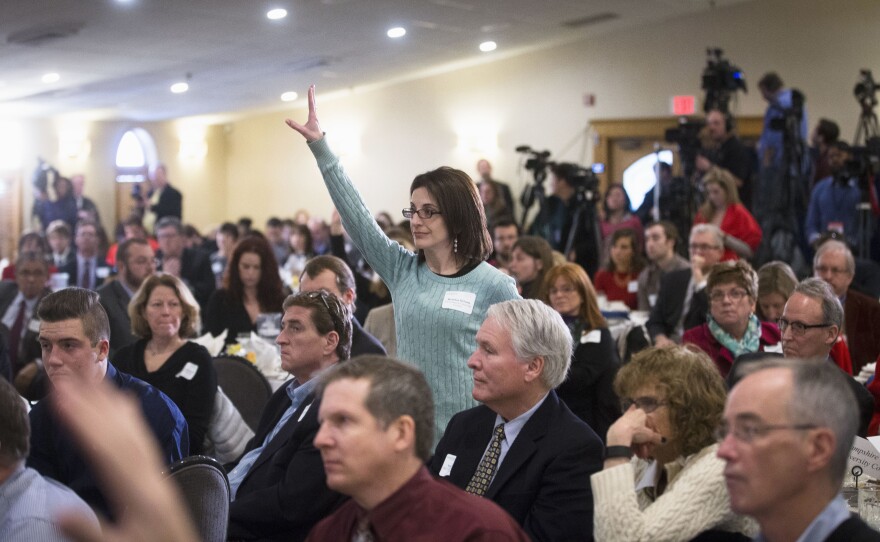 An attendee asks presidential candidate Sen. Bernie Sanders, I-Vt., a question during the Politics & Eggs event in February 2016 in New Hampshire.