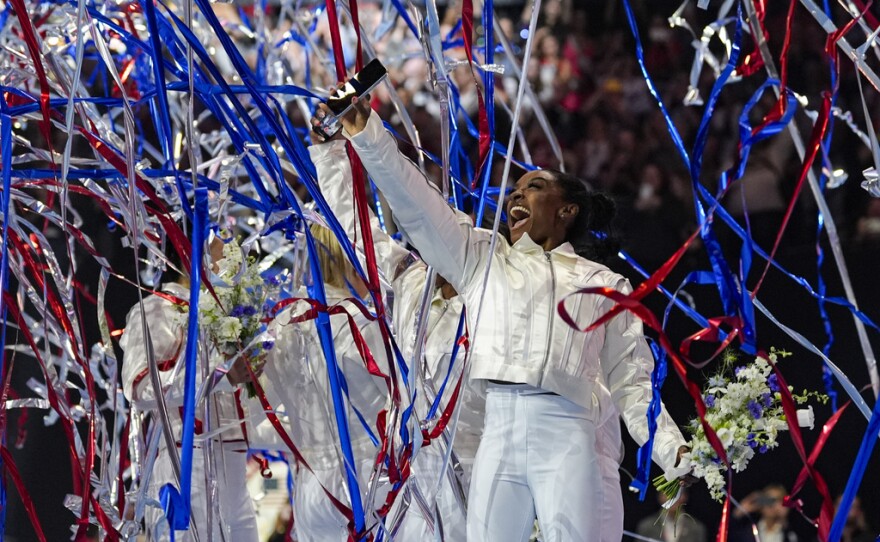 Simone Biles and the U.S. women celebrate as the 2024 team is named at the United States Gymnastics Olympic Trials on Sunday, June 30, 2024, in Minneapolis.