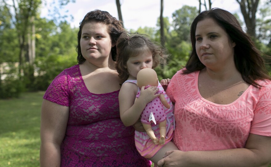 Beth Carey (right) stands in the park with her nieces Jazlen Harden, 3, and Calysta Dildine, 15, in Marion. Chrystina, Beth's twin sister and Jazlen and Calysta's mother, died of a drug overdose in February of 2013.