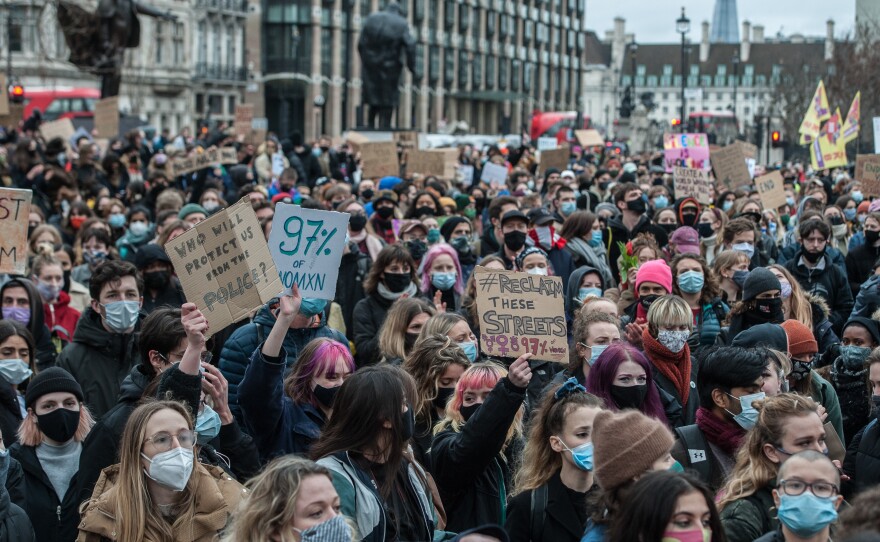 Protestors marched from Scotland Yard to Parliament Square in London on Sunday, the day after police forcibly arrested several participants of a vigil honoring Sarah Everard. The 33-year-old London resident's alleged kidnapping and murder have prompted a national reckoning over street harassment and violence against women.