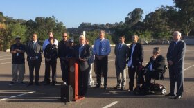 San Diego Mayor Faulconer, along with city and county leaders, announced the opening of a temporary homeless campground in a city-owned parking lot at 20th and B Street in Golden Hill, Oct. 4, 2017. 
