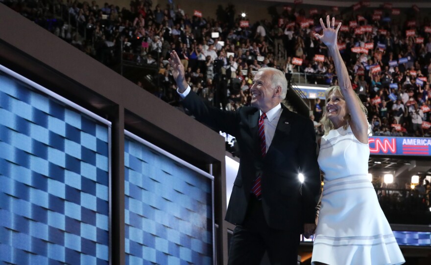 Vice President Joe Biden and his wife, Jill, wave to the crowd at the Democratic National Convention.