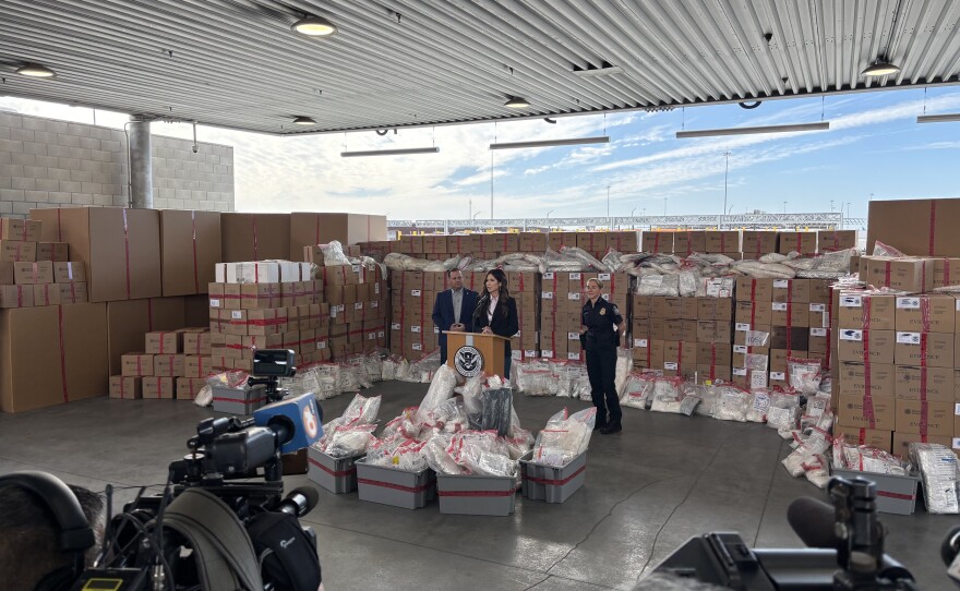Homeland Security Secretary Kristi Noem took the podium at the Otay Mesa Detention Center, where the conference was theatrically decorated with drug props on Feb. 12, 2026.