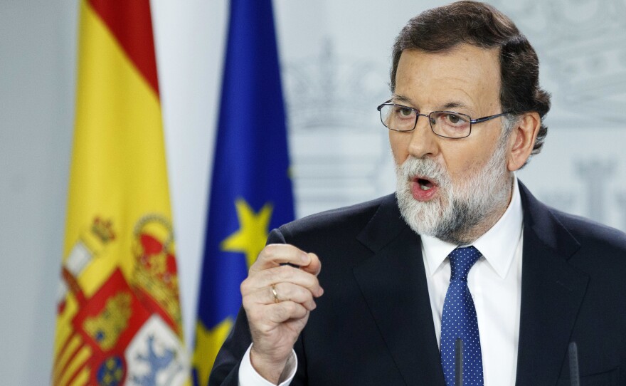 Spanish Prime Minister Mariano Rajoy speaks during a press conference after a Cabinet meeting at Moncloa Palace on Saturday in Madrid.