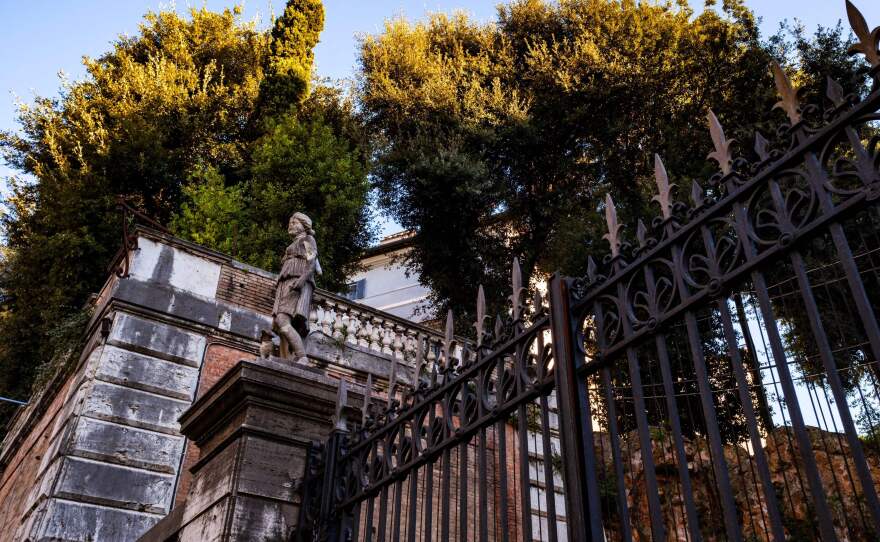 The main gate of the Villa Aurora in Rome.