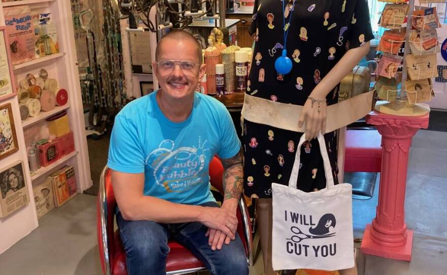 Jeff Hafler, founder, owner and operator of the Beauty Bubble museum and salon in his element in an undated photo.