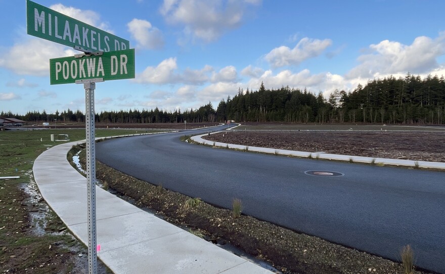 Newly built streets bear Quinault-language names. Milaakels means "camas," and pookwa, "currant," both traditional food plants for the Quinault.