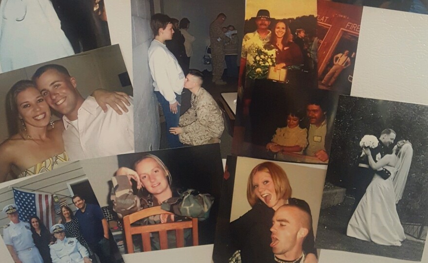 During American Widow Project retreats, the widows create a makeshift family scrapbook with photos of their families.