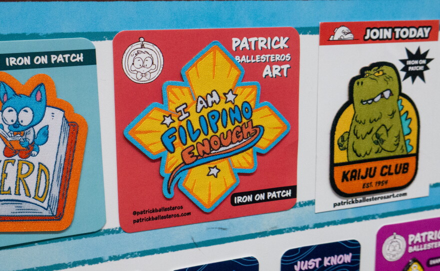 A patch for sale at Ballesteros' Comic-Con booth says "I am Filipino enough." Photo taken on July 23, 2026.