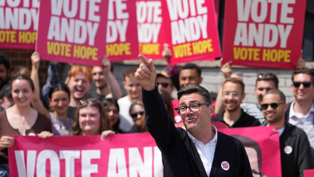 Andy Burnham, Britain's Labour candidate for Makerfield, gestures in front of supporters during the by-election in Makerfield, England, Thursday, June 18, 2026 where voters are choosing a new lawmaker with Andy Burnham of the Labour Party as the leading contender.