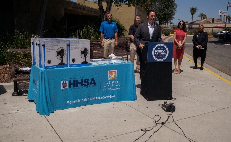 San Diego County Supervisors Chair Nathan Fletcher, county staff and other regional leaders host a news conference about the county's plan to help residents stay cool during heat waves at the Spring Valley Community Center in San Diego, Calif. July 28, 2021.