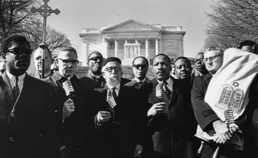 From left Bishop James Shannon, Rabbi Abraham Heschel, Dr. Martin Luther King and Rabbi Maurice Eisendrath. Tomb of the Unknown Soldier, Arlington Cemetery, February 6, 1968.