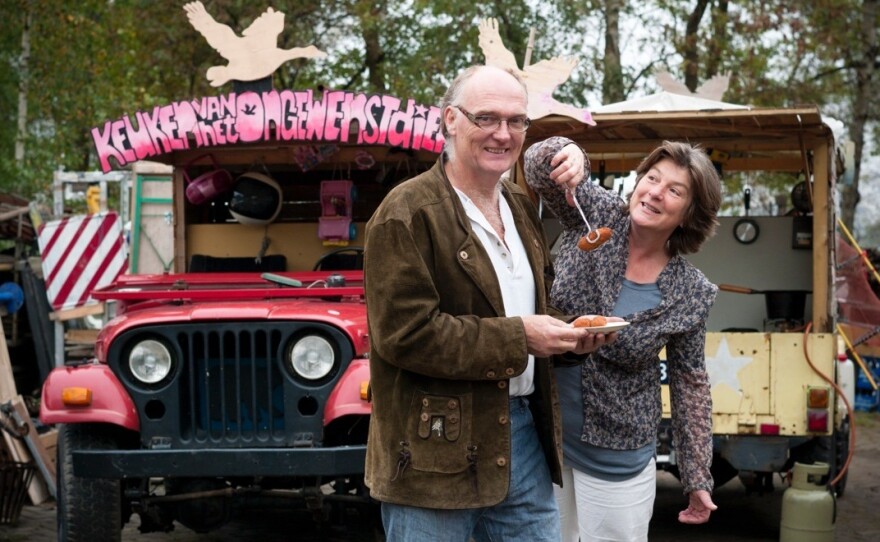 Rob Hagenouw and Nicolle Schatborn with their geese croquettes, made with boiled goose meat, butter and breadcrumbs.