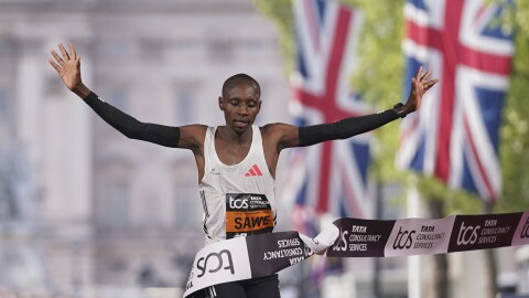 Sabastian Sawe of Kenya crosses the line to win the men's race at the London Marathon, April 27, 2025