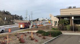 A San Diego fire engine on the scene of a gas line leak in Mission Valley, March 7, 2018. 
