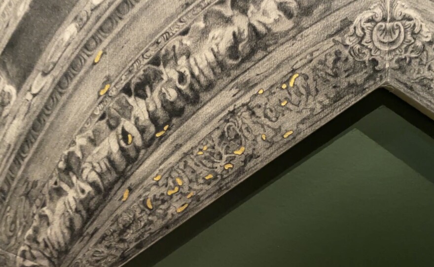 Detail of artist Marisol Rendón's large-scale charcoal sketch reveals tiny, gold-leaf vermin crawling among the antique frames.